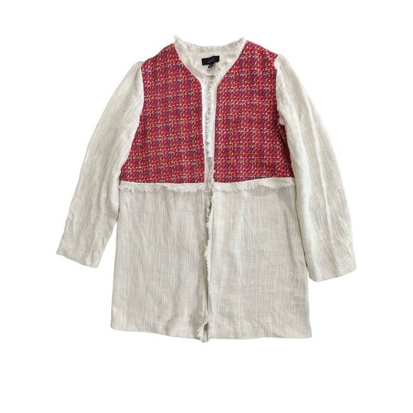 Violet B Womens Jacket Small White Hopsack Fringe Multi Crochet Hook Eye Closure - Picture 5 of 8